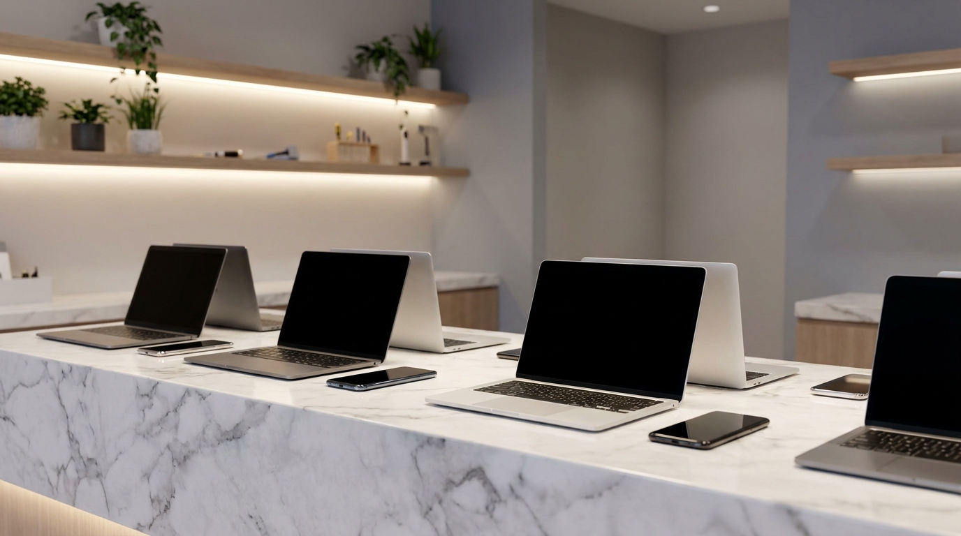 Upscale clean repair shop with high-end laptops and phones in Fayetteville, GA